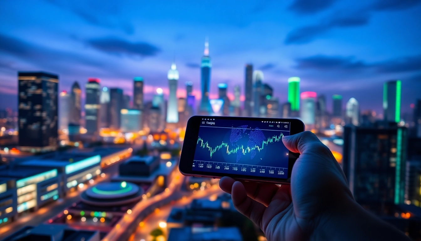 Visualize dynamic Tradings in a high-tech setting with bright trading charts and a neon-lit city backdrop.