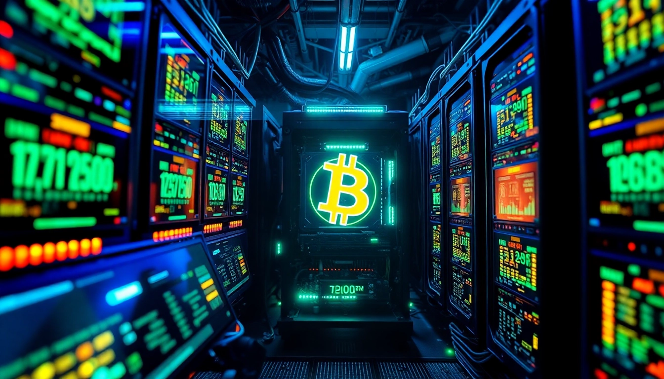 Explore Bitcoin mining technology through a detailed visual of a mining rig and cryptocurrency data.