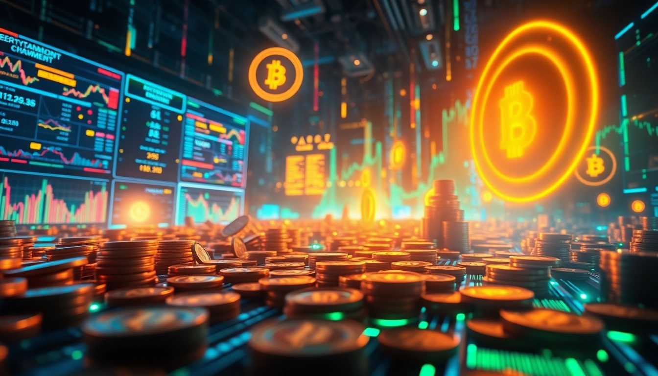 Explore various Crypto coins in a futuristic digital marketplace showcasing vibrant colors and cutting-edge technology.