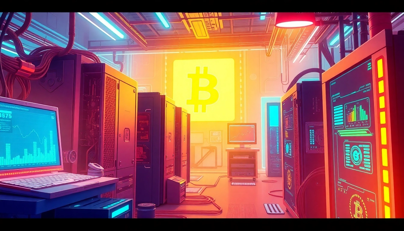Visualize a dynamic Bitcoin mining operation showcasing advanced rigs and digital interfaces, emphasizing innovation.