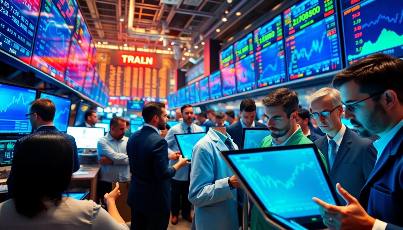 Experience dynamic Tradings as traders analyze data on glowing screens in a vibrant stock market.