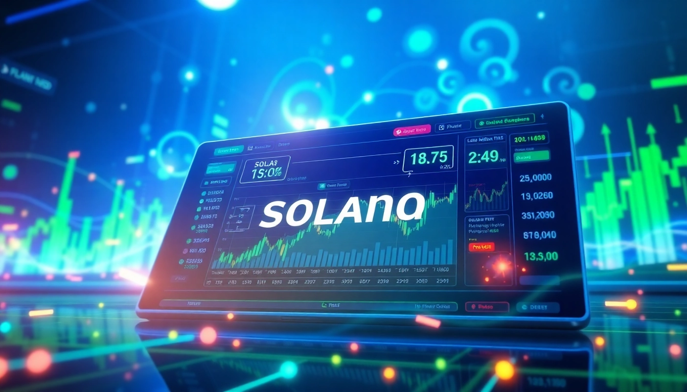 Visualize the dynamic solana price usd on a futuristic trading dashboard with vibrant charts.