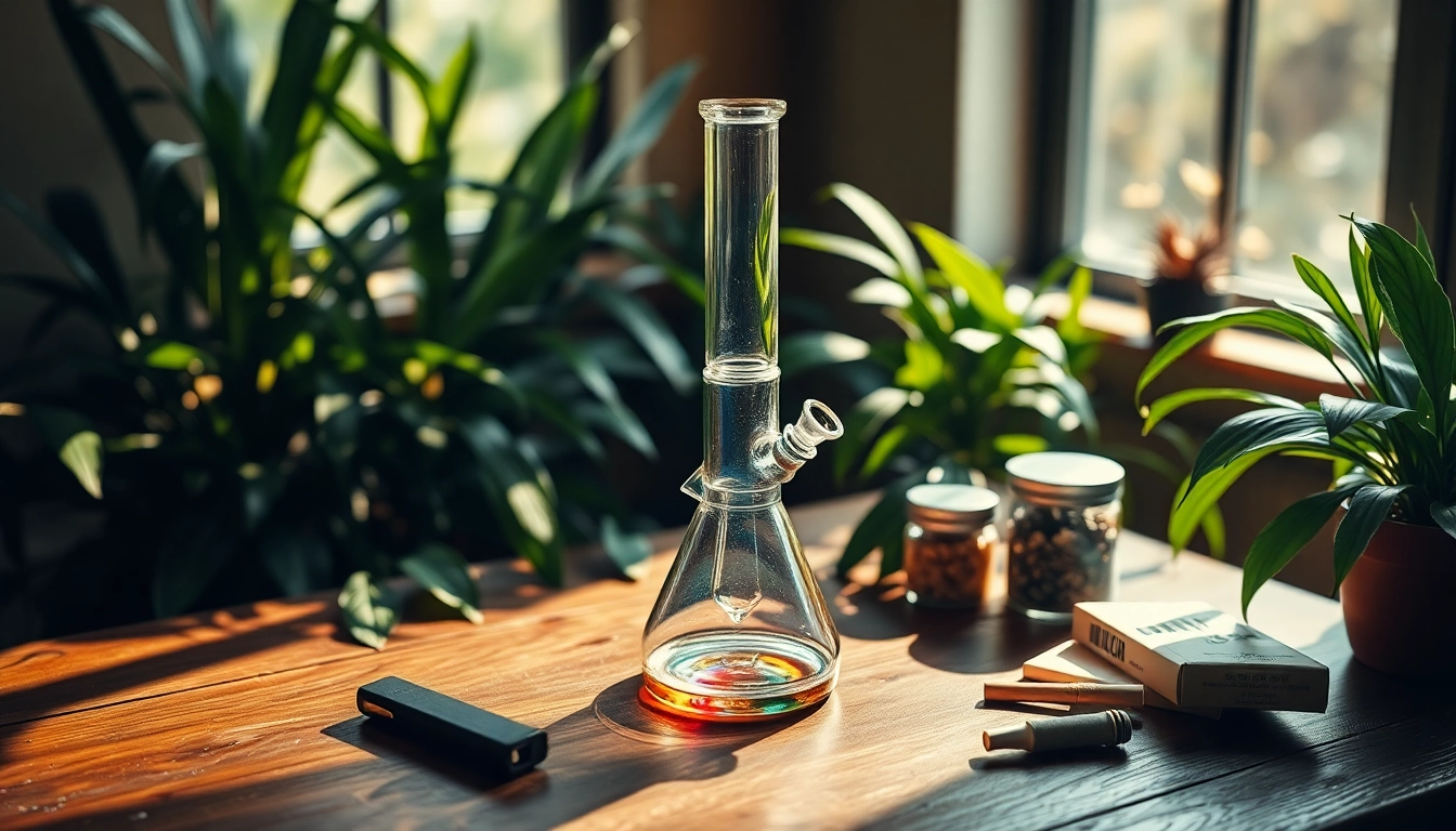 Showcase a beautifully crafted glass bong surrounded by greenery and smoking accessories in a warm, inviting setting.